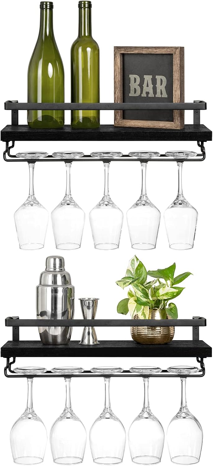 Wall Mounted Wine Rack Set of 2 Wood Rustic Wine Bottle Glass Floating Shelves with Stemware Hanger Modern Plants Photos Wine Display Storage Holder for Kitchen Dining Room Bar, 17 Inch