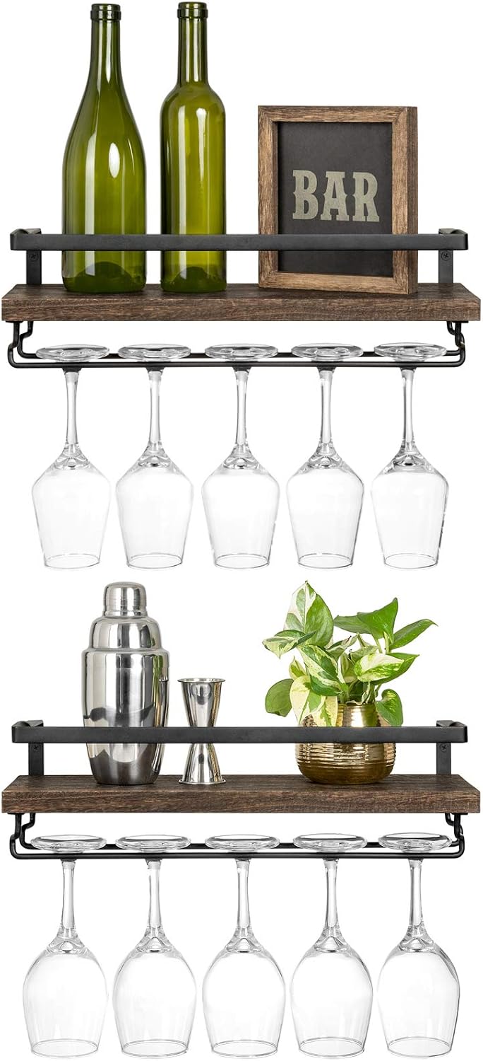 Wall Mounted Wine Rack Set of 2 Wood Rustic Wine Bottle Glass Floating Shelves with Stemware Hanger Modern Plants Photos Wine Display Storage Holder for Kitchen Dining Room Bar, 17 Inch