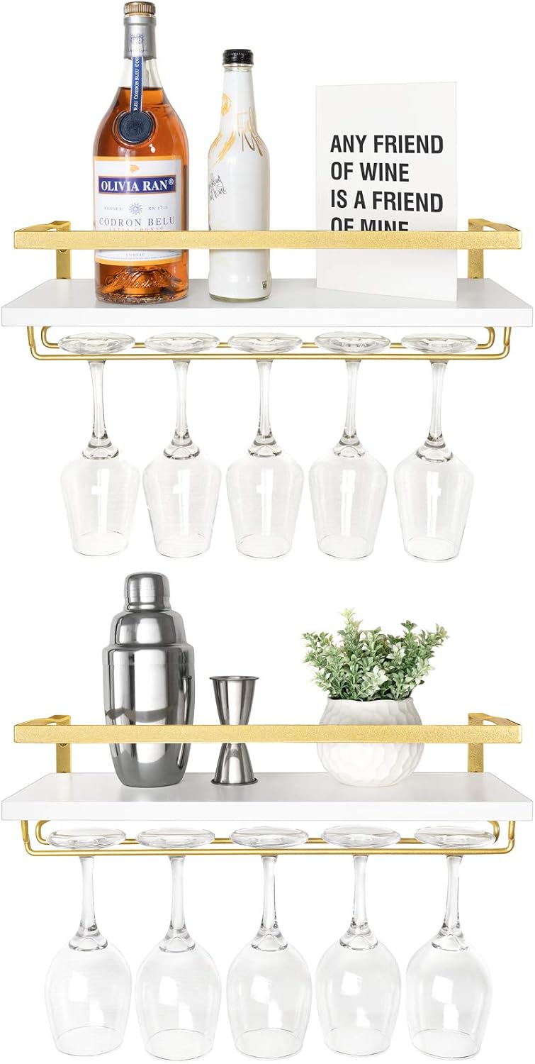 Wall Mounted Wine Rack Set of 2 Wood Rustic Wine Bottle Glass Floating Shelves with Stemware Hanger Modern Plants Photos Wine Display Storage Holder for Kitchen Dining Room Bar, 17 Inch