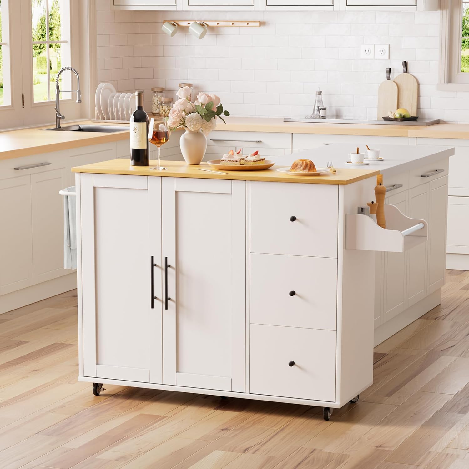 49.6" Kitchen Island on Wheels with Storage-Multifunctional Kitchen Island Cart with Drop Leaf, Rolling Island with Spice/Towel Rack,Expandable Island Table Kitchen,White