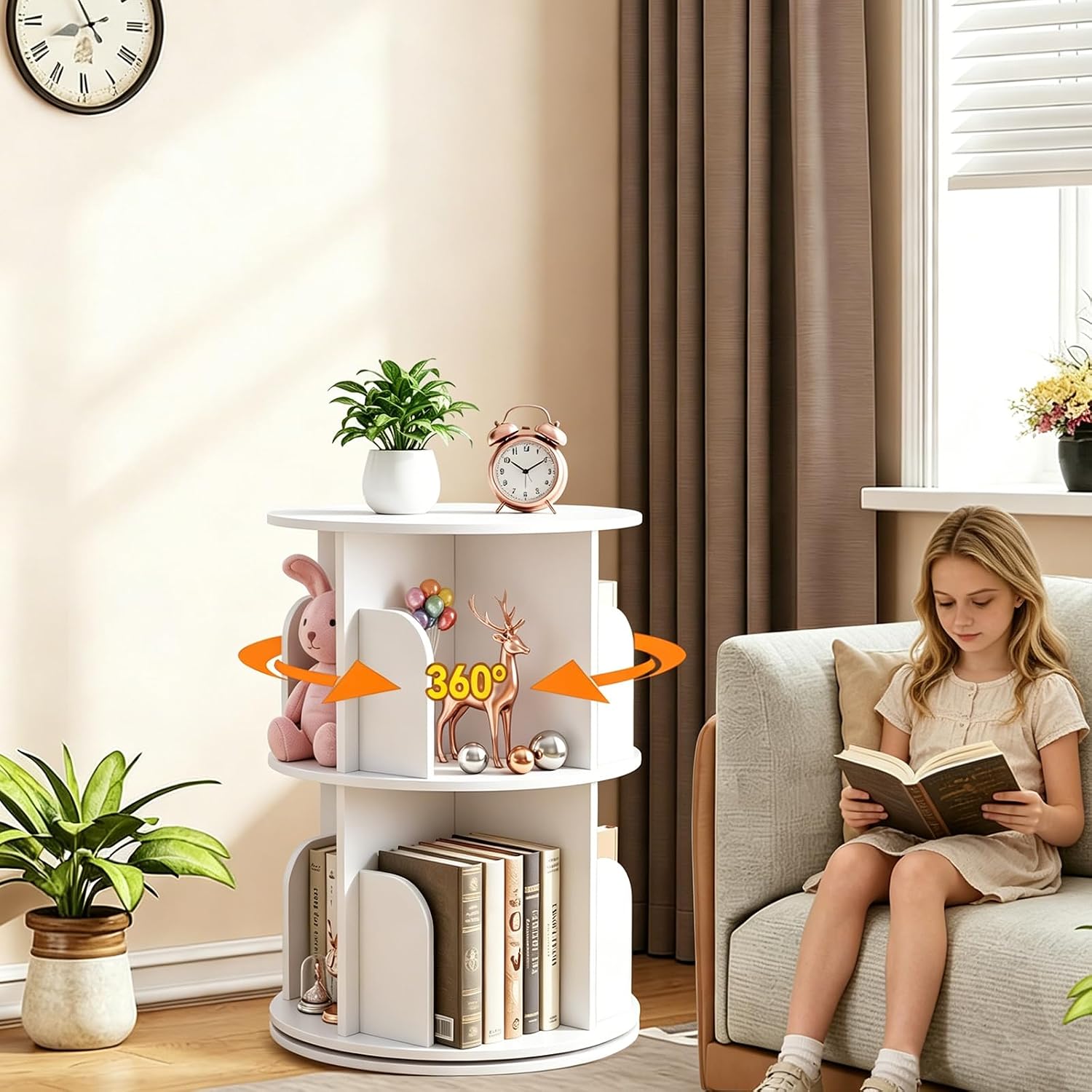 4 Tier Rotating Bookshelf Tower, Spinning Bookshelf, Revolving 360° Bookcase Storage Round Carousel, Vertical Rotate Turning Spiral Corner Organizer Lazy Susan, White