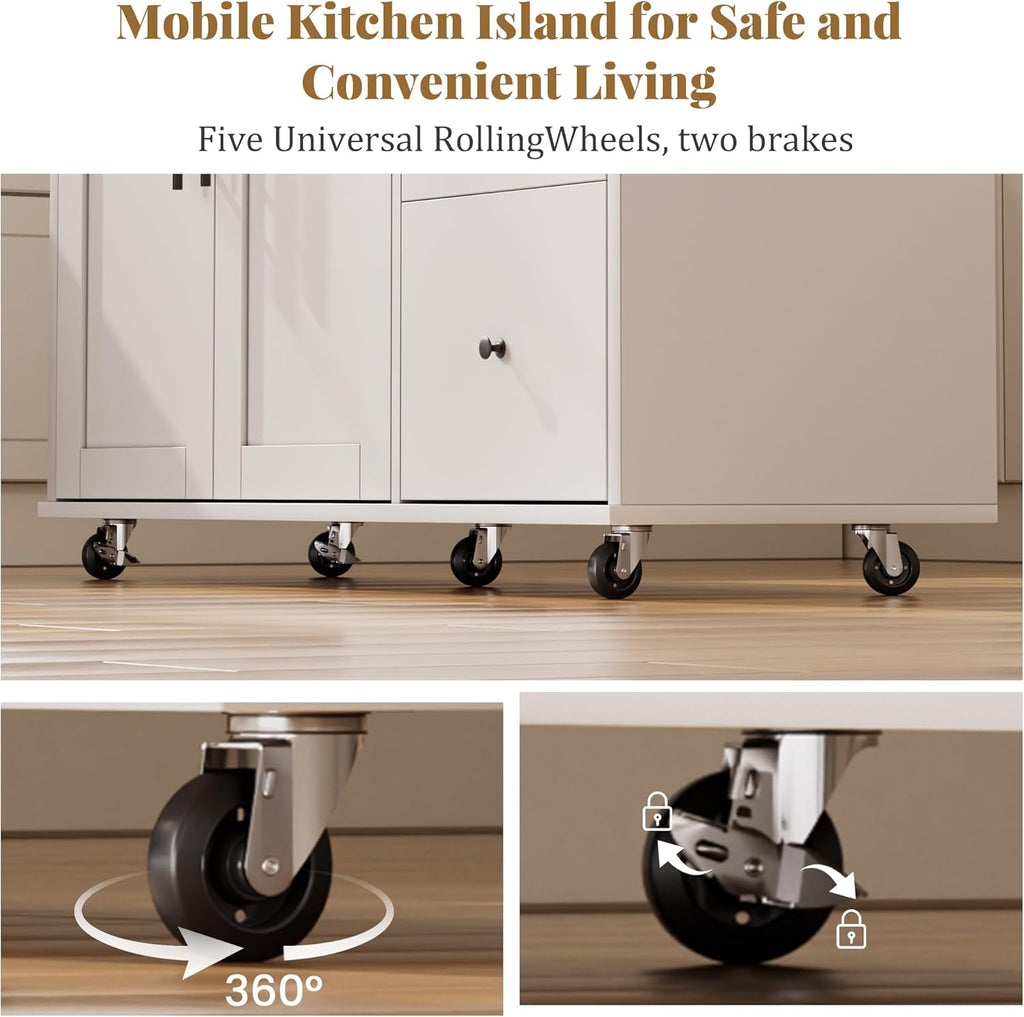 49.6" Kitchen Island on Wheels with Storage-Multifunctional Kitchen Island Cart with Drop Leaf, Rolling Island with Spice/Towel Rack,Expandable Island Table Kitchen,White