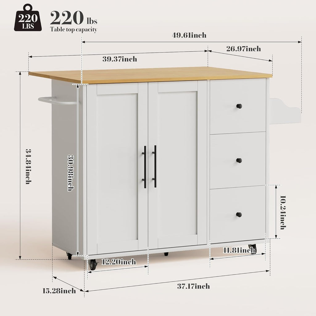 49.6" Kitchen Island on Wheels with Storage-Multifunctional Kitchen Island Cart with Drop Leaf, Rolling Island with Spice/Towel Rack,Expandable Island Table Kitchen,White