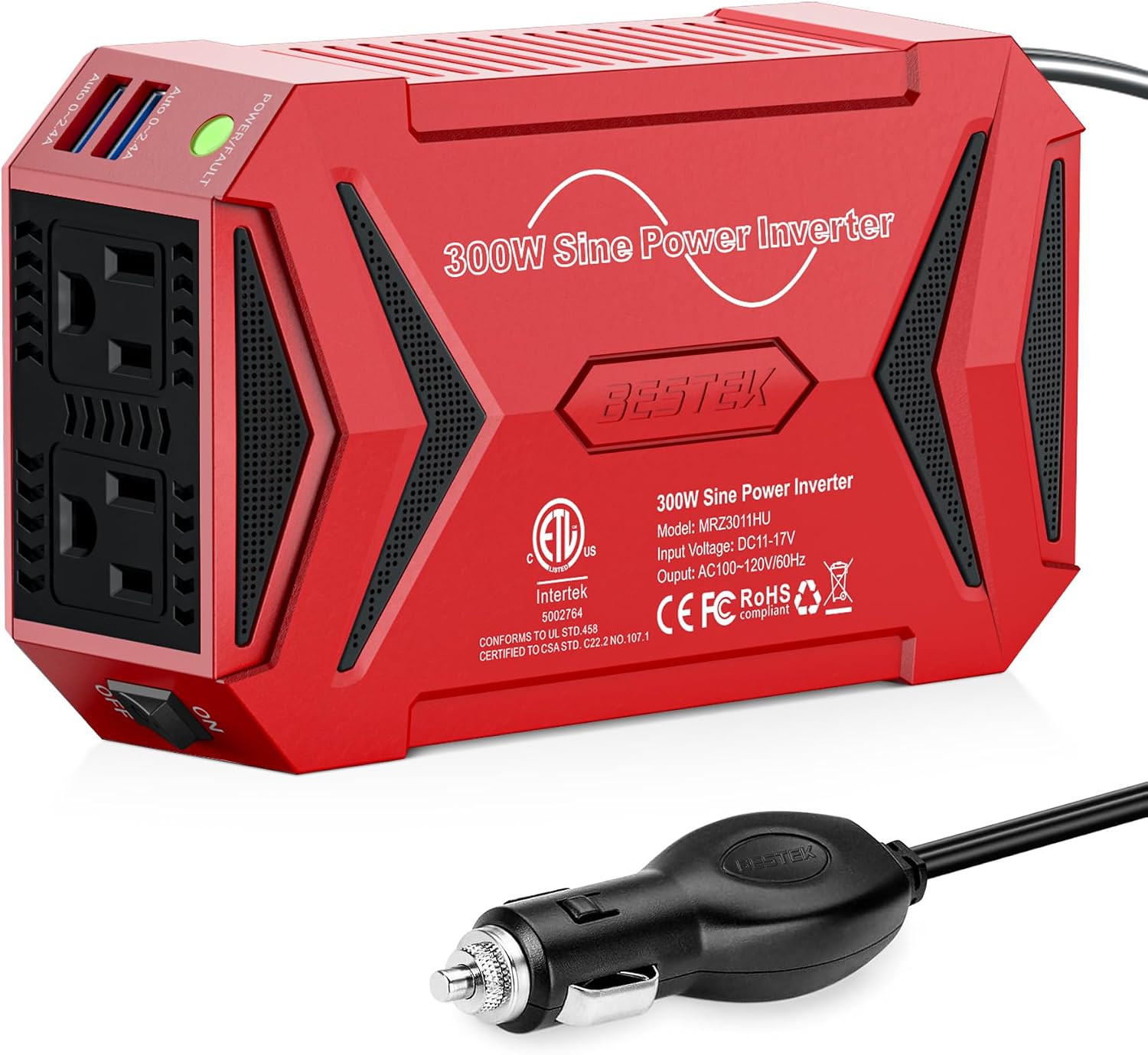 Pure Sine Wave Power Inverter - 300W Car Plug in Charger Outlet DC 12V to 110V AC - Cigarette Lighter Adapter 4.8A Dual USB Fast Charging Ports for Phone, Laptop, CPAP - Black