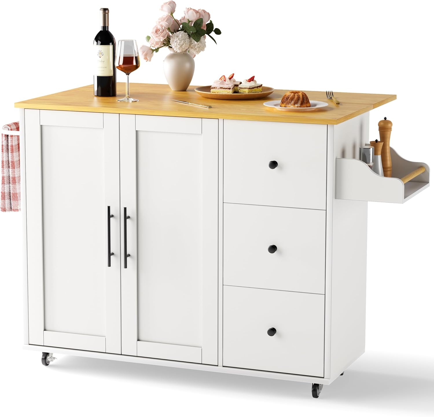 49.6" Kitchen Island on Wheels with Storage-Multifunctional Kitchen Island Cart with Drop Leaf, Rolling Island with Spice/Towel Rack,Expandable Island Table Kitchen,White