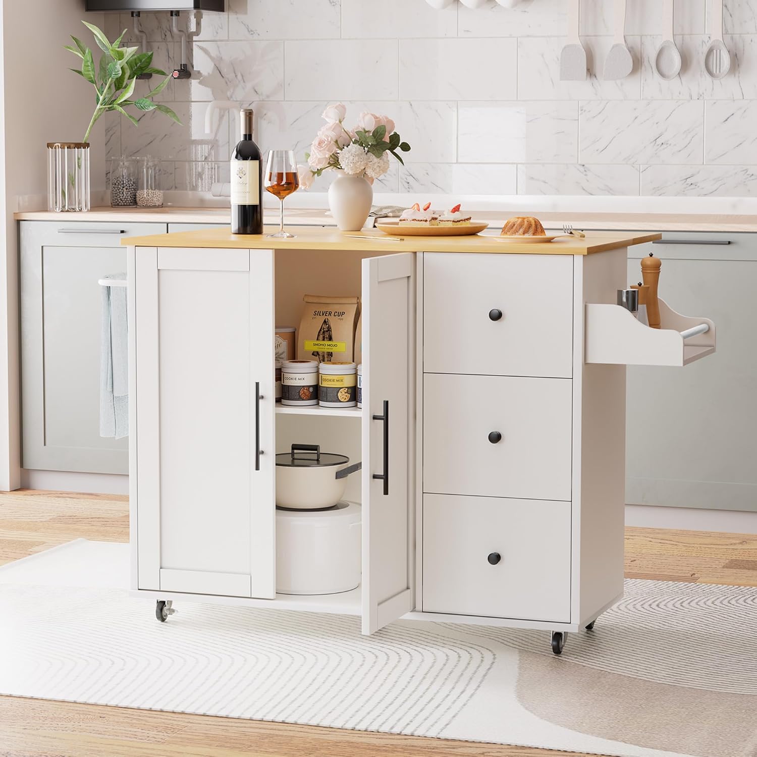 49.6" Kitchen Island on Wheels with Storage-Multifunctional Kitchen Island Cart with Drop Leaf, Rolling Island with Spice/Towel Rack,Expandable Island Table Kitchen,White