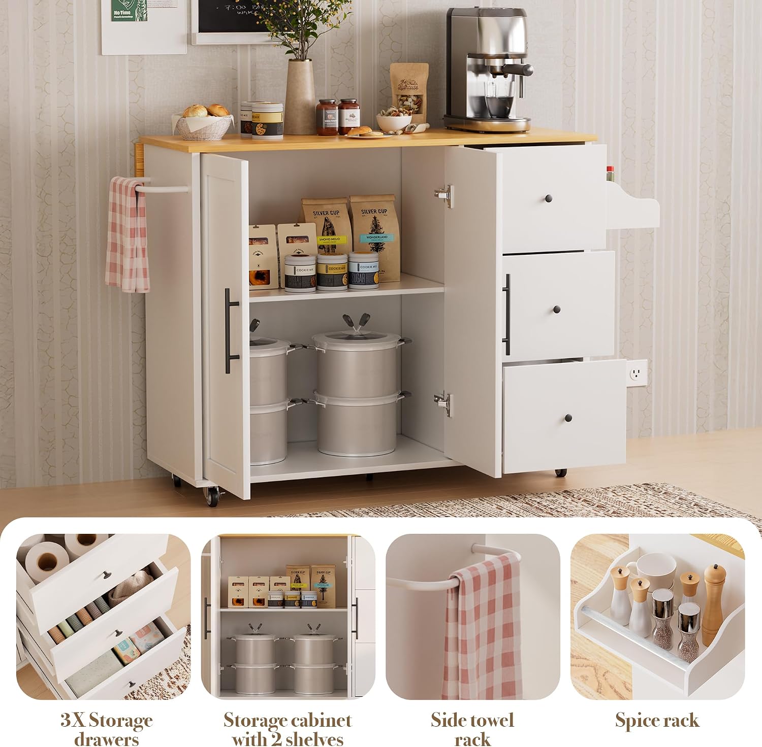49.6" Kitchen Island on Wheels with Storage-Multifunctional Kitchen Island Cart with Drop Leaf, Rolling Island with Spice/Towel Rack,Expandable Island Table Kitchen,White
