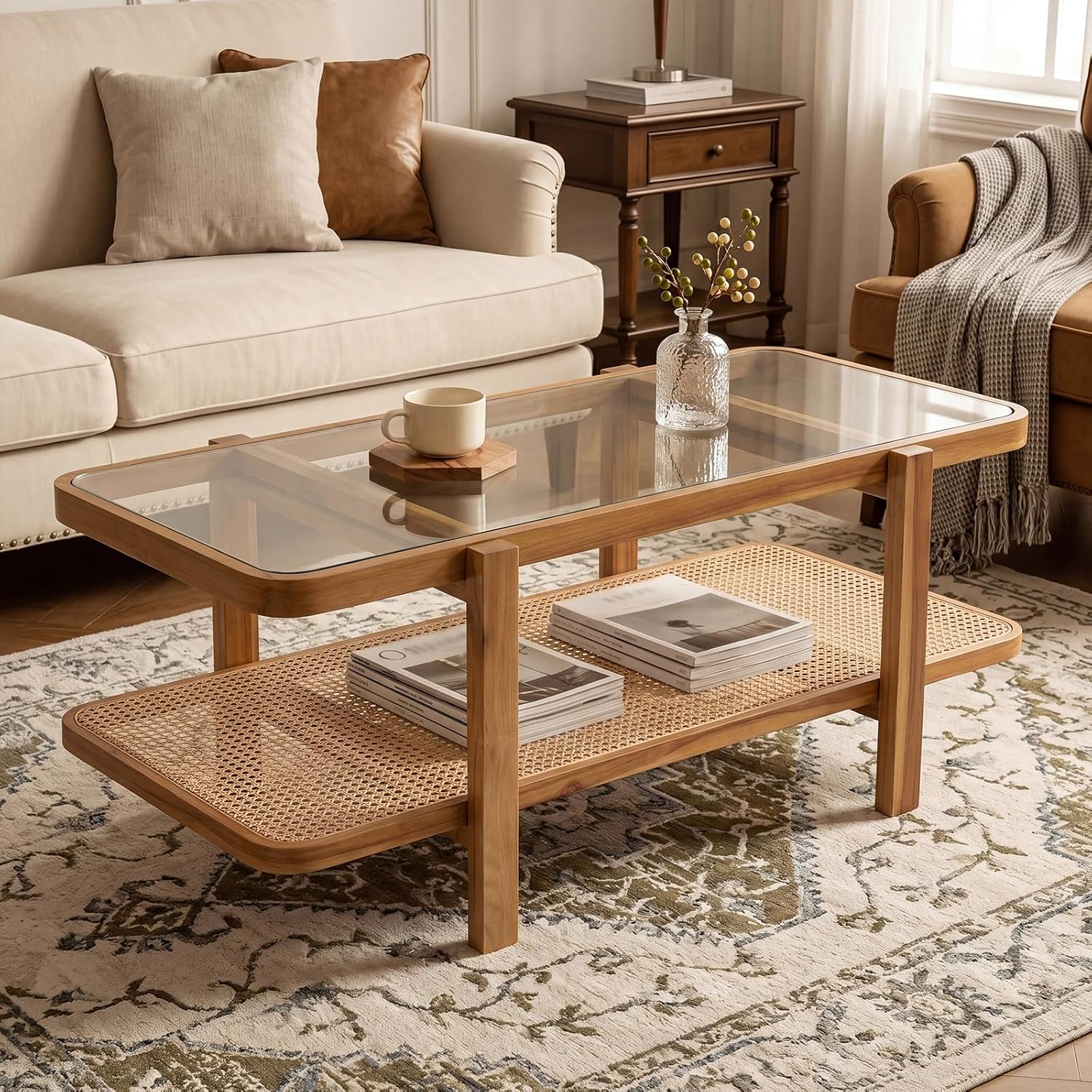 Giantex Rattan Coffee Table, 2-Tier Oval Acacia Wood Tea Table w/Tempered Glass Tabletop & PE Rattan Storage Shelf, Boho Cocktail Tables, Mid Century Modern Center Table for Living Room Office, Brown