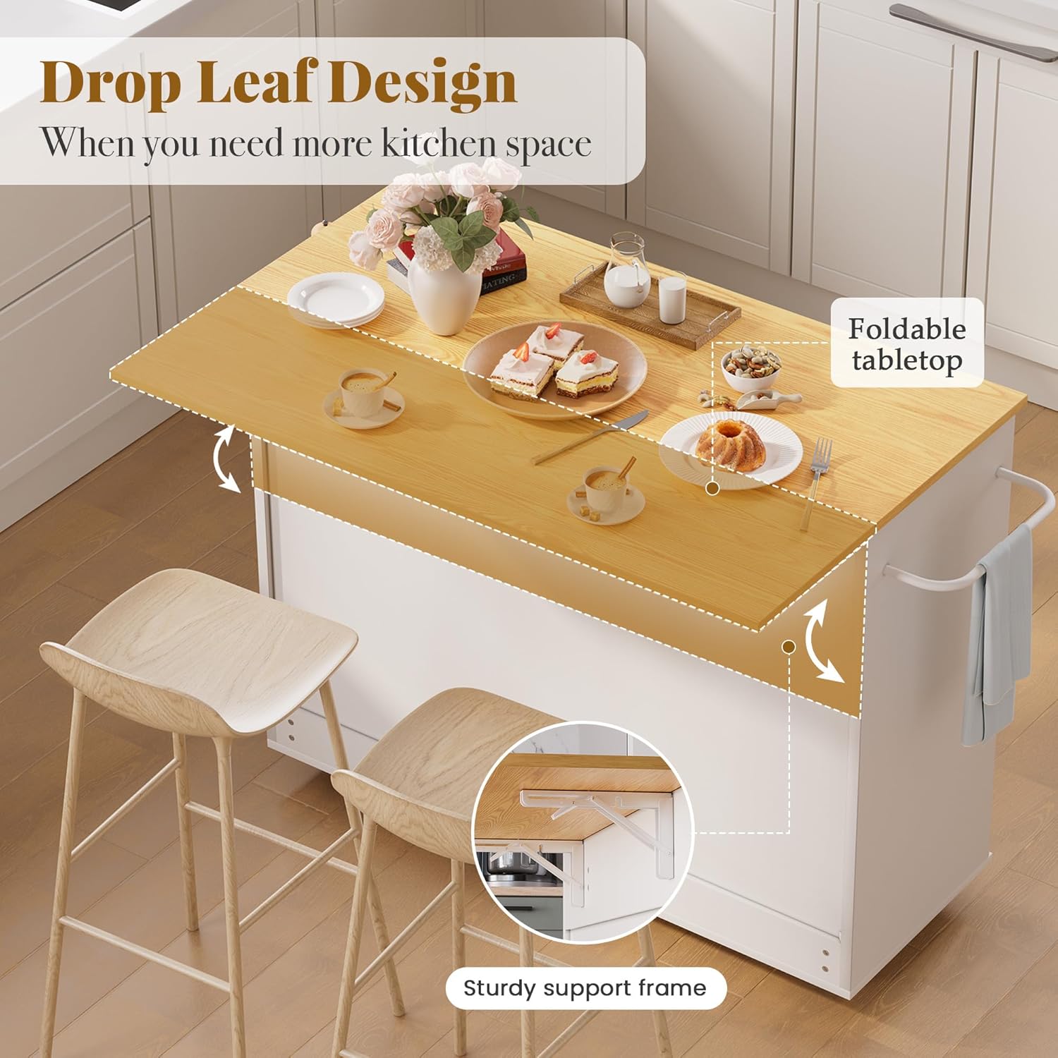 49.6" Kitchen Island on Wheels with Storage-Multifunctional Kitchen Island Cart with Drop Leaf, Rolling Island with Spice/Towel Rack,Expandable Island Table Kitchen,White