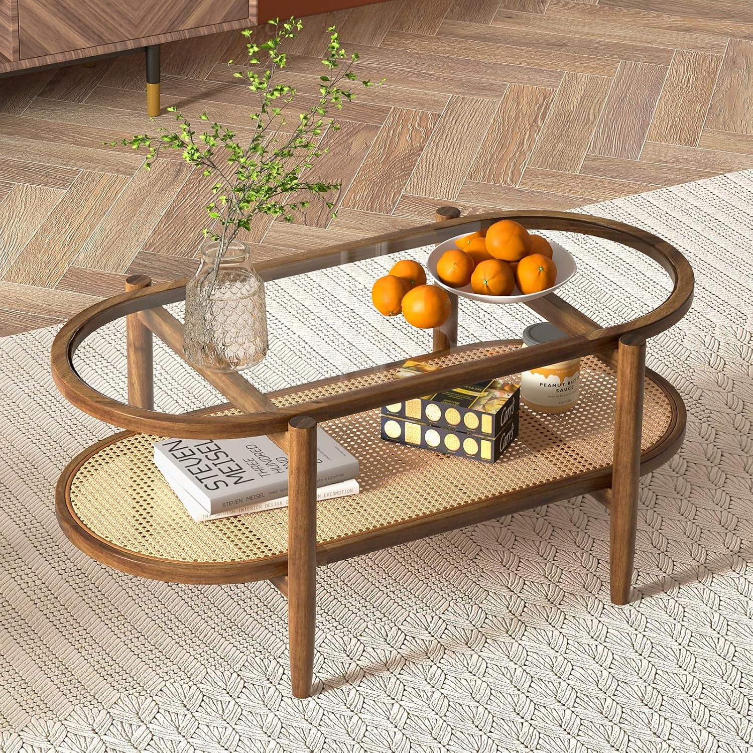 Giantex Rattan Coffee Table, 2-Tier Oval Acacia Wood Tea Table w/Tempered Glass Tabletop & PE Rattan Storage Shelf, Boho Cocktail Tables, Mid Century Modern Center Table for Living Room Office, Brown
